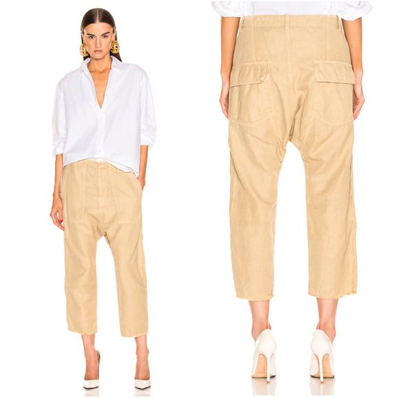 Nili Lotan 4 Drop Crotch Slouchy LINEN Luna Pants Cropped Cotton Khaki Sand - Picture 1 of 12